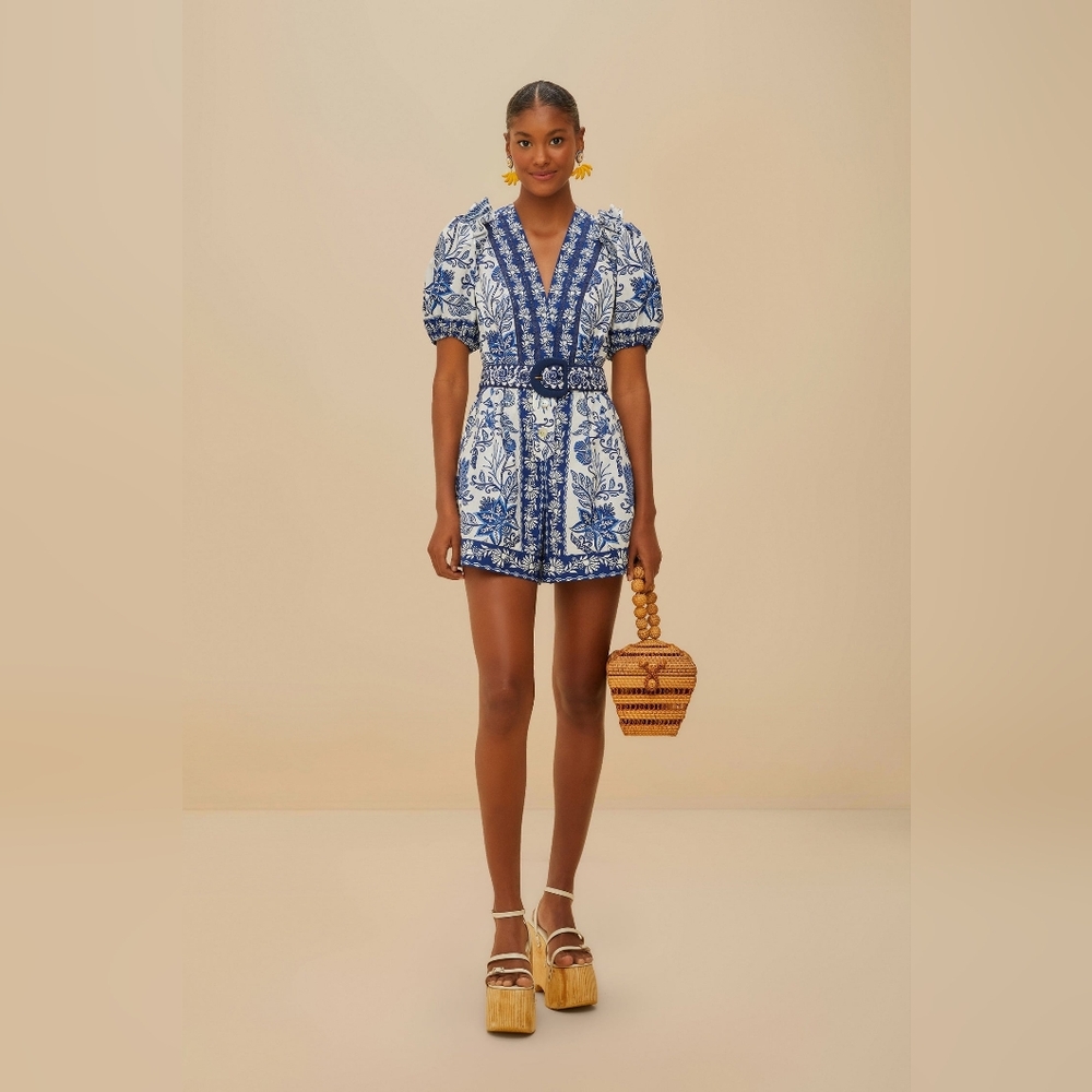 NEW FARM Rio blue & off-white shell garden 100% organic cotton Romper Size Small - Picture 8 of 13